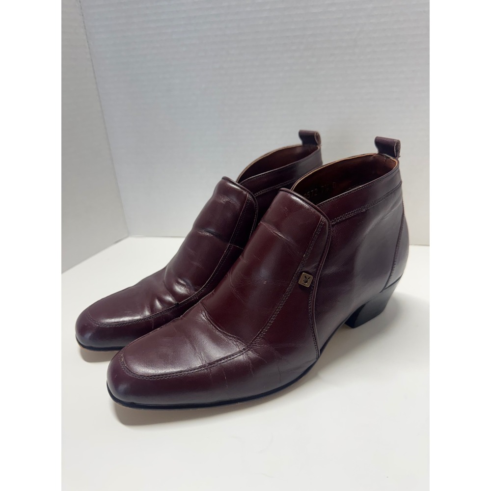 Vintage Playboy Mens Burgundy Leather Square Toe‎ Ankle Boots Block Heel 7.5 D